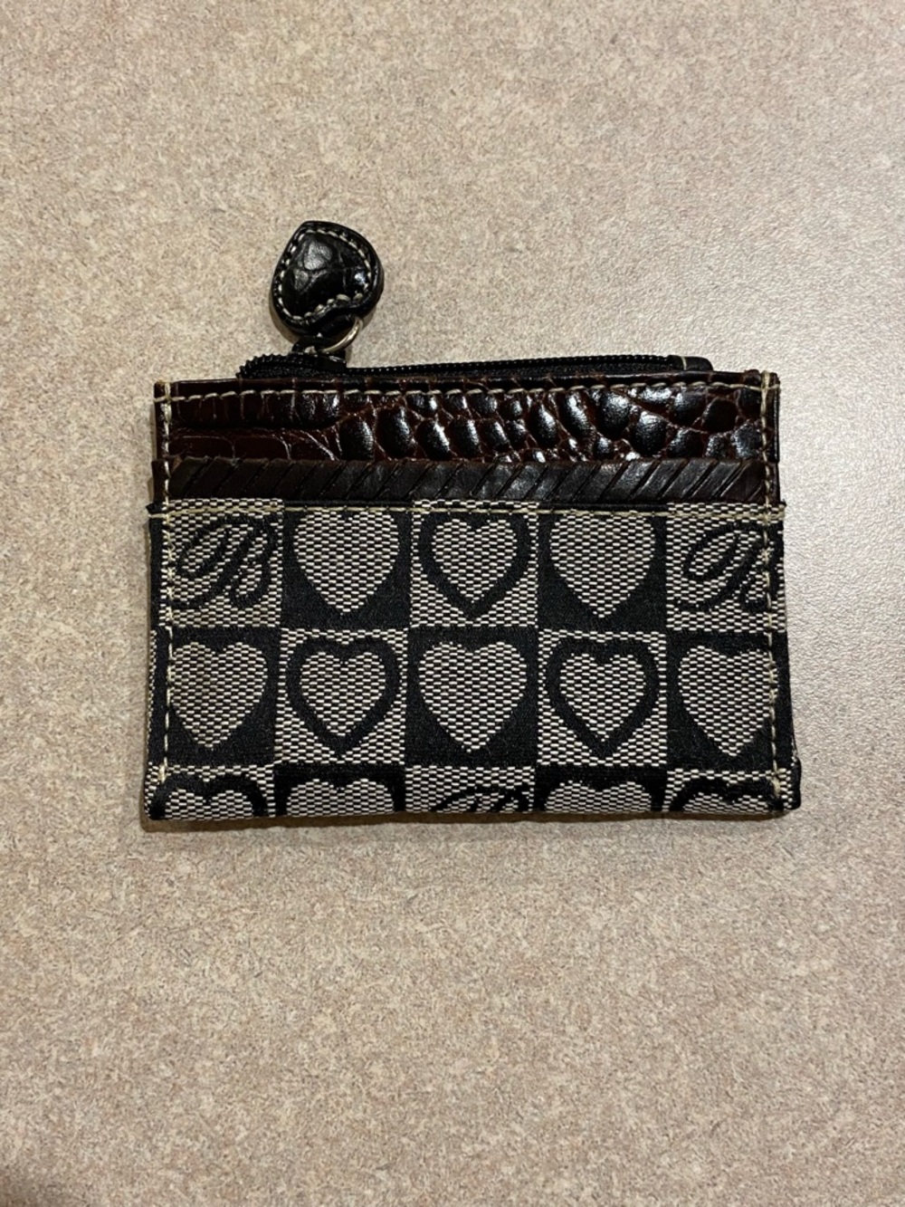 Brighton Zip Top Card Case Holder Wallet Black Grey Heart Canvas Change Coin